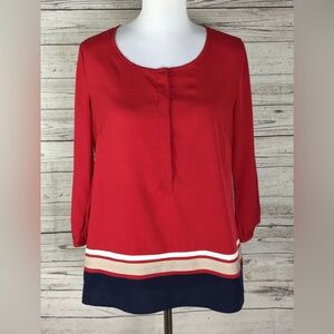 Banana Republic Women's Red Striped 1/2 Button Front 3/4 Sleeve Blouse Top